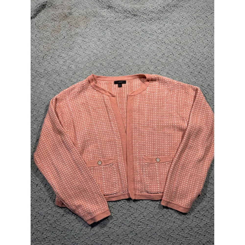 J.Crew Women Pink White Textured Knit Open Front Cropped Cardigan Sweater Size M